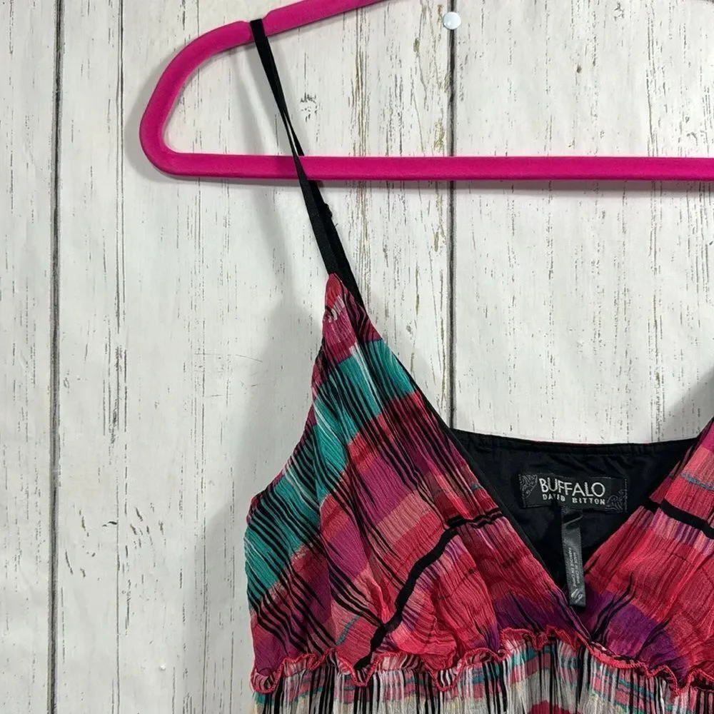 Buffalo David Britton Women 100% Silk Tank Top Ruffle Plaid Tiered Fairy Boho - Picture 3 of 16
